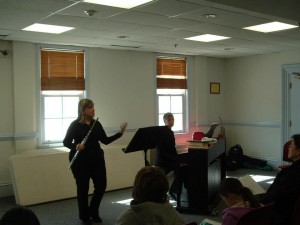 Talking about the Handel Flute Sonatas in The Dancing Flute Presentation at the Flint Memorial LIbrary Childrens Concert